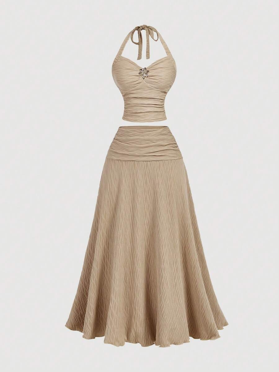 SHEIN MOD 2件套 女士提花吊带上衣和裙子 - 咖啡棕 - 查看 1