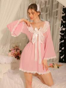 DelicateAllure Women's Sexy Pink Mesh Mini Nightgowns With Flounce Sleeves And Contrast Lace Detail, Semi-Sheer Scoop Neck Sleep Dress - Pink - View 4