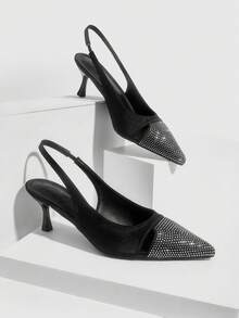CUCCOO SZL Women's Pointed Toe High Heel Black Rhinestone Sexy Glamorous Party Event Pumps With Ankle Strap And Open Back For Christmas - Black - View 2