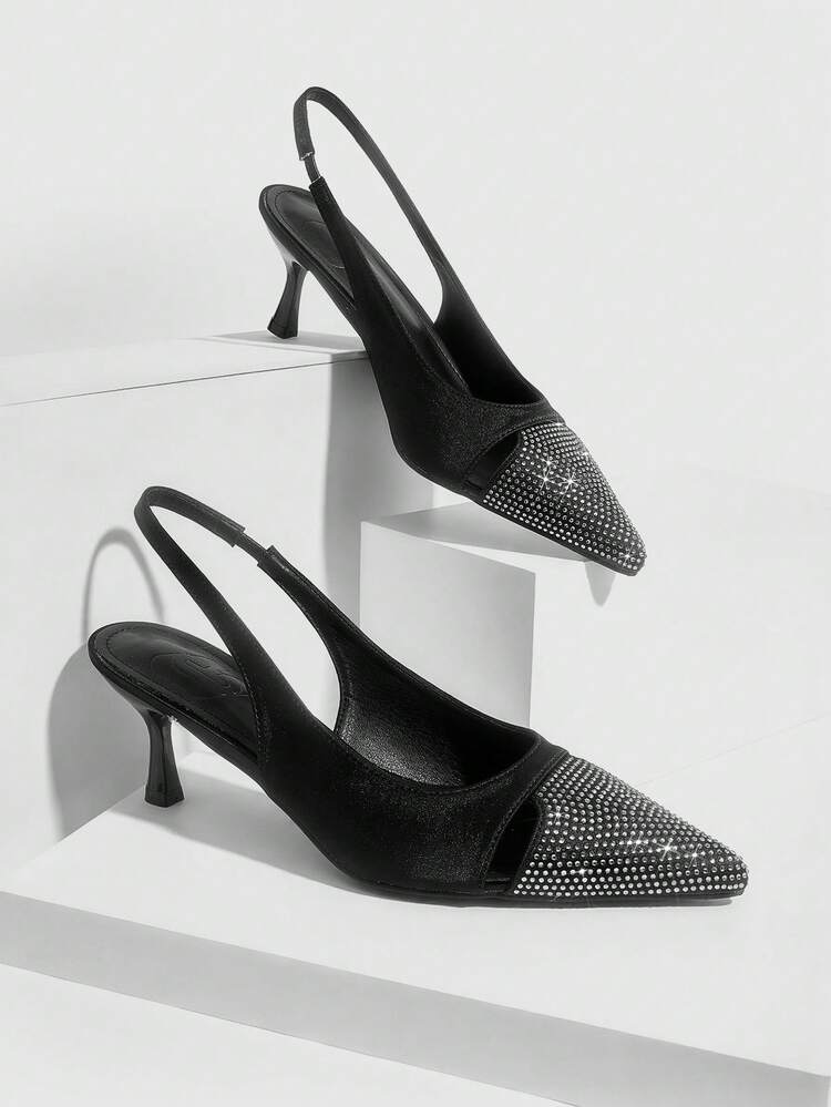 CUCCOO SZL Women's Pointed Toe High Heel Black Rhinestone Sexy Glamorous Party Event Pumps With Ankle Strap And Open Back For Christmas