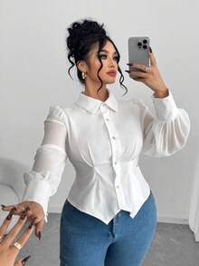 Elenzga Plus Size Women Pearl Button Decor Long Sleeve Elegant Blouse, Office/Commute Wear Fall - White - View 3