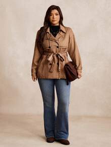 EMERY ROSE Plus Size Women Vintage Lapel Double-Breasted Cinched Waist Trench Coat, Brown Denim Effect Mid-Length Trench Coats Jacket For Autumn, Casual Office Street Style - Mocha Brown - View 4
