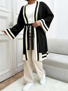 EURMUSE Woman Striped Waist Tie Long Warm Winter Cardigan - Black - View 4