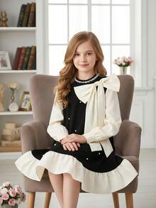 SHEIN Spring/Autumn New Design Bow Decor Fashionable Casual Everyday Dress For Girls - Multicolor - View 1