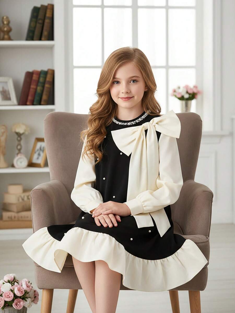 SHEIN Spring/Autumn New Design Bow Decor Fashionable Casual Everyday Dress For Girls - Multicolor - View 1