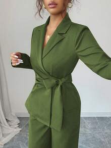 SHEIN Elenzya 女款橄欖綠秋季優雅辦公兩件套，咖啡棕彈性V領交叉胸前繫腰雙層專業職場套裝 - 軍綠色 - 查看 4