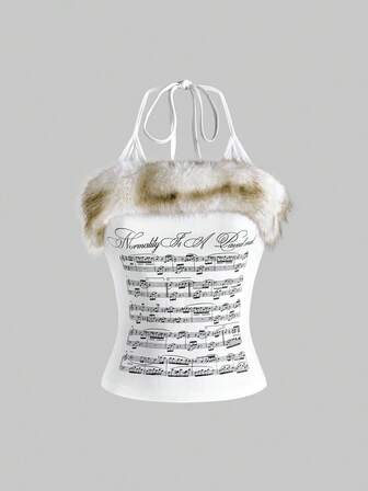 Canotta aderente retrò Y2K sexy con scollo a canottiera, patchwork, effetto vellutato, stampa di note musicali e lettere