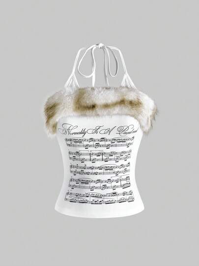 Camiseta sin mangas ajustada con estampado retro Y2K de notas musicales y letras, con parches y textura esponjosa