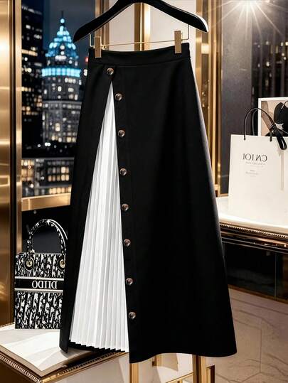 GlowEve CURVE Plus Size Women's Color Block Pleated Button Decor A-Line Skirt, Suitable For Commuting In Autumn/Winter