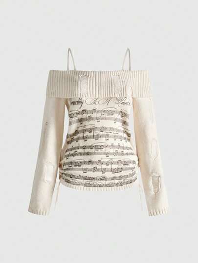 Maglione da donna con stampa di note musicali a spirale, stile J-Fashion, spalle scoperte, effetto consumato, casual