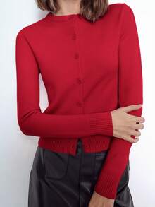 Maija Women's Elegant Solid Color Round Neck Button Long Sleeve Casual Cardigan, Versatile And Practical, Suitable For Daily Wear, Business Casual Occasions, Knitted Cardigan St Patrick's Day Women Easter Summer Easter Women Party Top Beach Summer Holiday Beach Vacation Summer Going Out Graduation - Red - View 7