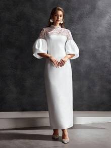 MOTF Soiréza ĐẦM DÀI THANH LỊCH CHO NỮ VỚI HỘP THÊU HẠT, TAY PHỒNG VÀ VẢI MÀU ĐỀU - trắng - Xem 5