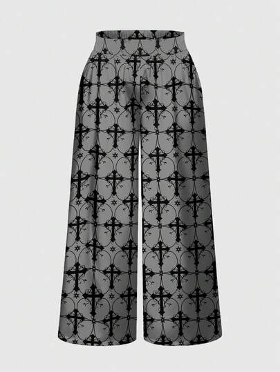 Gothic Cross & Vine Print Mysterious Horror Palace Style Plus Size Wide Leg Pants