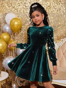 SHEIN KIDS Tween Girl Christmas Elegant Green Round Neck Pearl Beaded Splice Long Sleeve Dress, Christmas, Green, Party, Beaded, Pearl, Round Neck, Princess Dress, Matching Family - Army Green - View 5