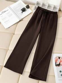 SHEIN Tween Girls' Casual & Homewear Basic Minimalist Thermal Lined Ribbed Knit Loose Wide Leg Straight Pants, Autumn/Winter - Coffee Brown - View 3