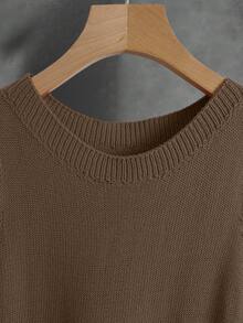 INAWLY Áo len dệt kim dáng rộng cổ tròn màu trơn dành cho nữ, mùa thu/đông - Cà phê nâu - Xem 4