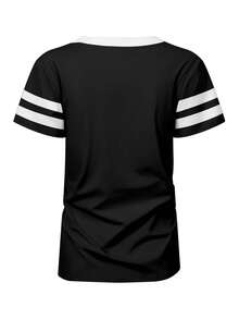 EMERY ROSE Camiseta casual holgada de mujer con cuello en V a rayas y manga corta - Negro - Ver 2