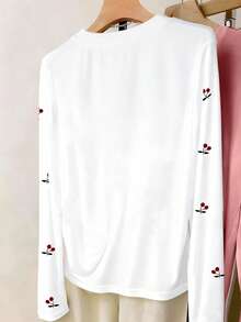 Resyla Áo thun nữ cổ tròn tay dài in họa tiết quả anh đào, dễ mặc, đa năng - Nhiều màu - Xem 2