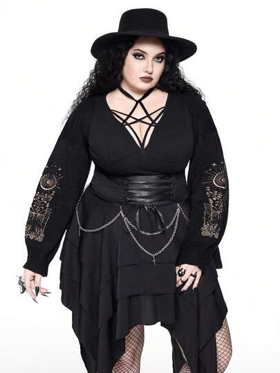 Goth كارديجان قصير مطرز للنساء بمقاسات كبيرة