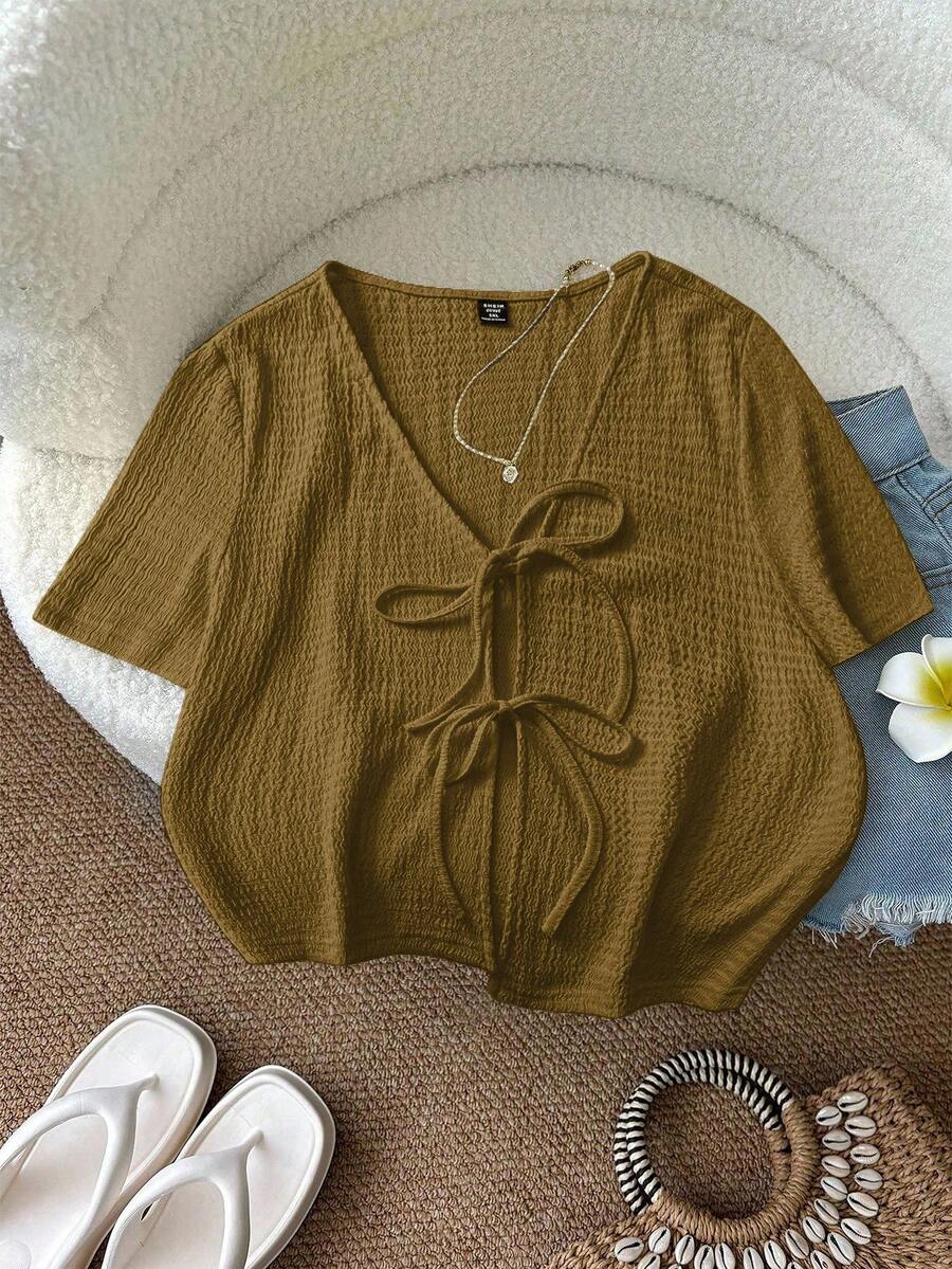 SHEIN LUNE Áo thun tay ngắn buộc nơ phía trước màu trơn cỡ lớn dành cho nữ - Vàng - Xem 1