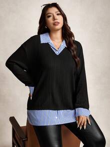 Zelara Plus Size Women'S Striped Color-Blocked Shirt Collar Two-In-One Top, Thanksgiving Women'S Clothing, New Year Women'S Clothing, Winter Dress, Winter Clothing, Women'S Rave Party Costume Elegant Plus Size Tops / Curvy Women'S Tops / Valentine'S Day / Elegant Women'S Blouse / Women'S Holiday Outfits / Birthday Dresses / Back-To-School Dresses / Plus Size Formal Dresses / Afternoon Tea Party Tops, Striped Patchwork Long-Sleeved Tops, Plus Size Faux Two-Piece Tops, Women'S Autumn Clothing, Winter, Fall, Halloween, Christmas, New Year, Thanksgiving, Party Clothing