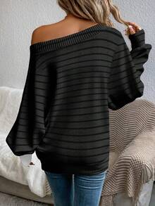 EMERY ROSE Women's Casual Gray & Black Striped Off-Shoulder Sweater, Suitable For Autumn/Winter - Multicolor - View 2