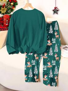 少女两件套睡衣，长袖针织上衣印有小鹿和圣诞树图案，搭配印花长裤，舒适家居服 - 綠色 - 查看 2