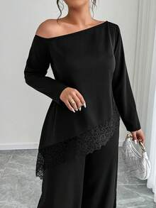 Elenzga Herbst und Winter Große Größen Damen Zweiteiler mit asymmetrischem rückenfreiem Top mit Spitzenbesatz, elegantes Abend-Cocktail-Outfit mit Langarmhemd und Hose, geeignet für festliche Anlässe, Hochzeitsgäste Frühling Sommer Herbst, Off-Shoulder Top - Schwarz - Übersicht 7
