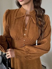 SHEIN LUNE Women's Long Khaki Dress, V-Neck Collar With Tie Front, Lantern Sleeves, Waist Cinched A-Line Skirt, Autumn/Winter