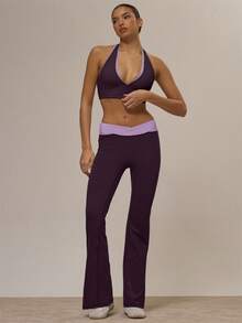 Musera Sport Plunge Halterneck Double Contrast Layered Sports Bra Co-Ord Top Only Gym Active Sports Workout Cinnamon Swirl Yoga Pilates Fitness Daily Casual - Purple - View 5