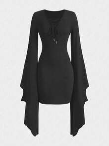 EgrlEra Damklänning med enfärgad V-ringning och knytbar design, utsvängda ärmar - Mörkgrå - Visa 3