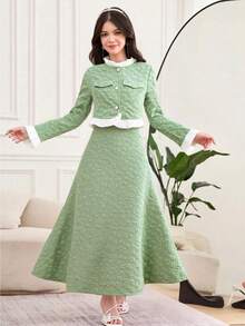 SHEIN 少女优雅提花开襟荷叶边长袖外套搭配简约吊带长裙两件套，适合日常外出、派对和聚会。 - 綠色 - 查看 1