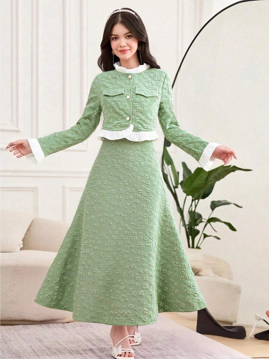 SHEIN 少女优雅提花开襟荷叶边长袖外套搭配简约吊带长裙两件套，适合日常外出、派对和聚会。 - 綠色 - 查看 1