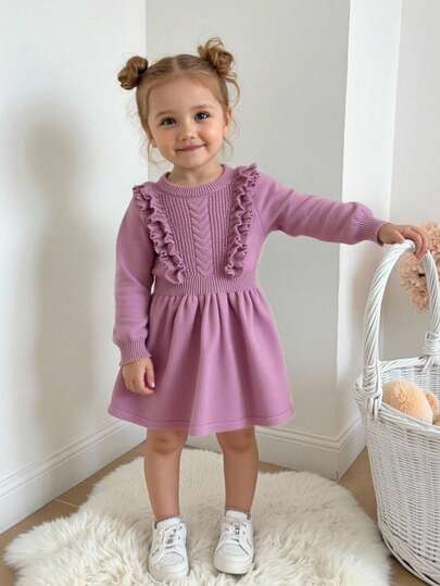 SHEIN 女婴纯色圆领长袖荷叶边腰部针织休闲毛衣裙