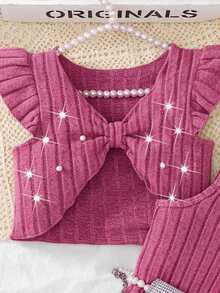 Elladie kids 女孩情人节新款优雅针织连衣裙套装，蕾丝无袖露脐上衣+吊带迷你连衣裙，两件套春季装扮