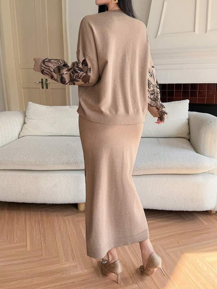 Sequin Flower Decor Loose Long Sleeve Crew Neck Pullover Sweater & A-Line Skirt Elegant 2-Piece Set For Women, Autumn/Winter