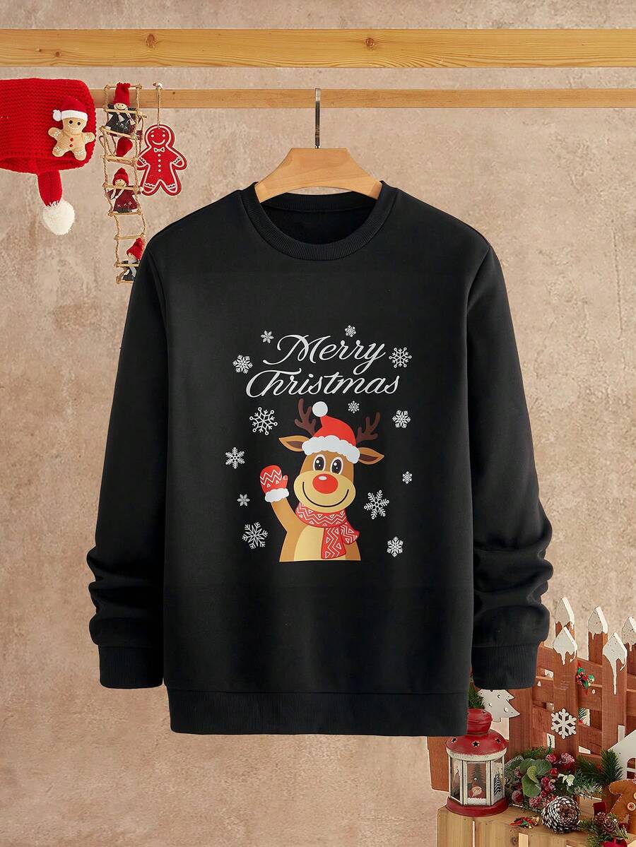 Manfinity VCAY Men's Casual Christmas Print Pullover Sweatshirt, Men's Christmas Sweatshirt, Ugly Christmas (Style), Funny Christmas Pullover, Reindeer Sweatshirt, Holiday Party Sweatshirt, Family Matching Christmas, Couples Christmas, Christmas Graphic Crewneck, Novelty Christmas, Merry Christmas! The Perfect Reindeer Sweatshirt For Matching Family Holiday & Photos Christmas For Men Black Graphic Reindeer Graphic Sweatshirt For Men, Long Sleeve Top - Black - View 1