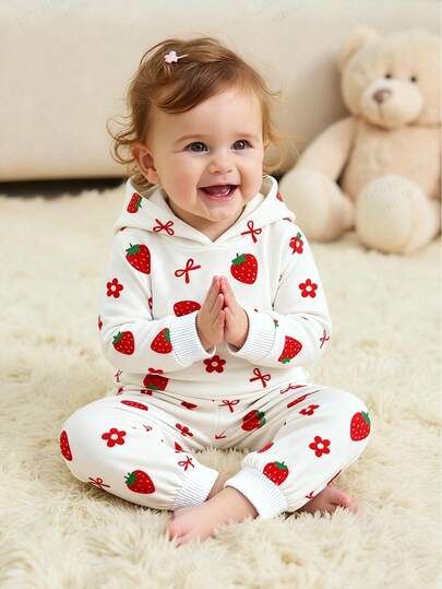 2件套女婴草莓蝴蝶结印花白色连帽针织卫衣和印花长裤套装，秋冬季可爱童装，适合婴幼儿穿着，室内外日常穿着舒适