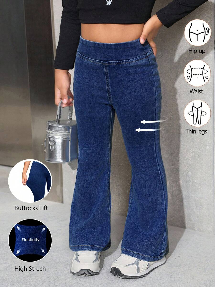 SHEIN 少女蓝色牛仔弹力紧身喇叭裤 - 深色水洗藍 - 查看 1