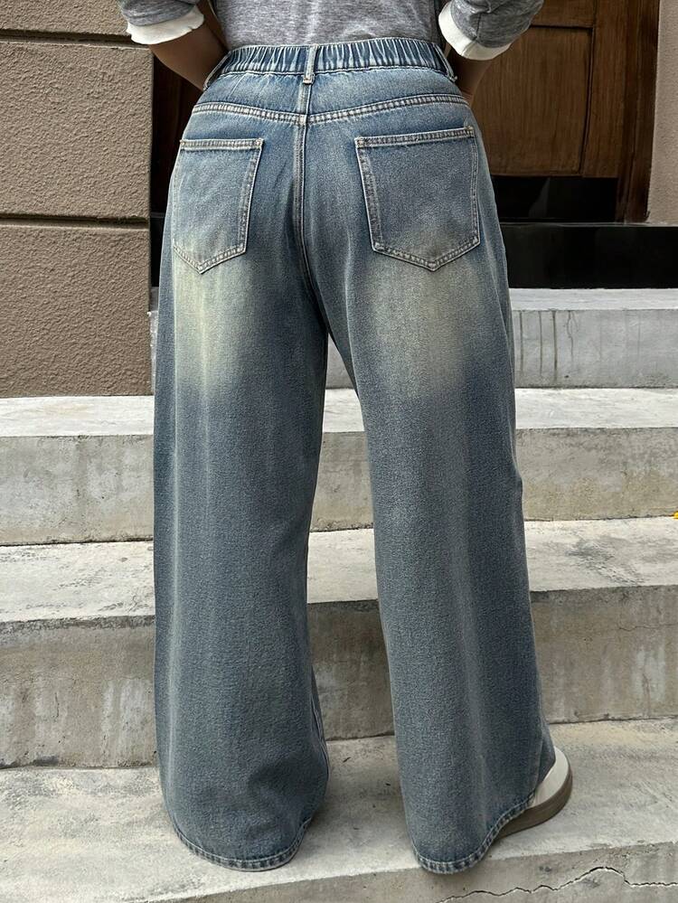 Dazy Plus Vintage Light Blue High Waist Distressed Straight Leg Maxi Jeans, Plus Size Women Denim Pants For Spring & Autumn