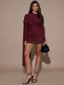 SHEIN BAE 优雅酒红色亮面拼接迷你连衣裙 - 酒紅色 - 查看 4