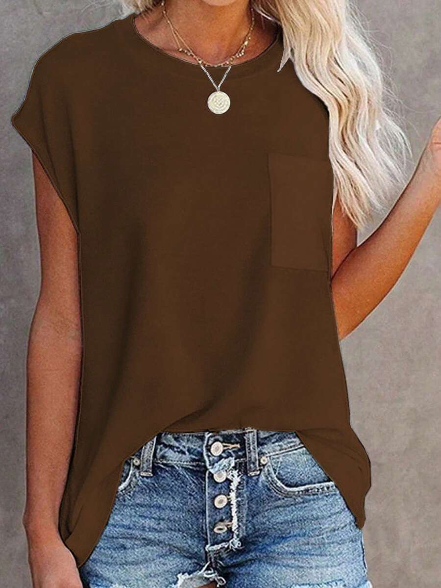 SHEIN LUNE Camiseta suelta de mujer de unicolor con cuello redondo, mangas cortas tipo murciélago y bolsillo - Marrón - Ver 1