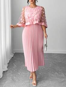 Elenzga Plus Size Women Elegant Pleated Floral Dress, Light Formal Dress - Pink - View 7