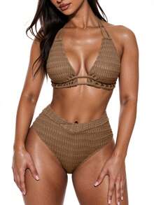 Swim Basics Women's Solid Color Textured Bikini Set, Vacation & Beach Summer - Coffee Brown - View 3