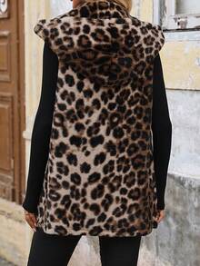 SHEIN Clasi Damen Leopard Muster Kunstfell Weste mit Kapuze und Frontverschluss - Mokka-Braun - Übersicht 2