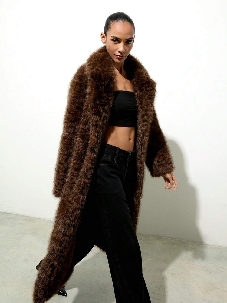 SHEIN Maija Women's Oversized Faux Fur Collar Long Sleeve Long Loose Cardigan, Autumn/Winter