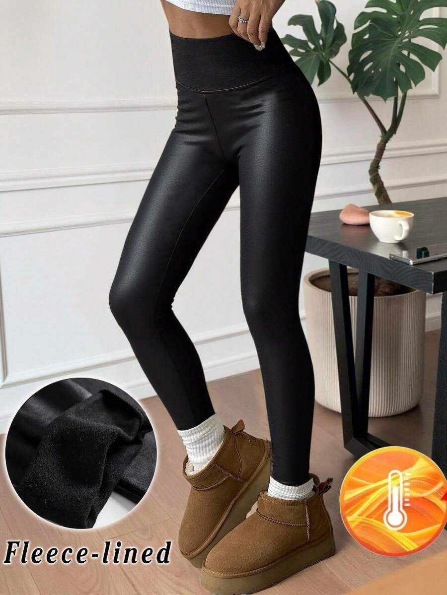 SHEIN Tween Girls' Casual Knit PU Solid Black Color High Waist Leggings Autumn Winter Outfits Black Outfits - Black - View 1