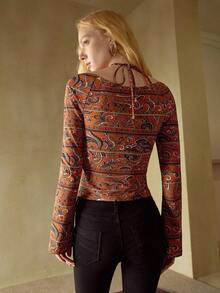 MOTF STUDIO ALLOVER PRINT RUCHED BUST CRISSCROSS HALTER NECK SLIM FIT TEE , FALL WINTER - Red - View 3