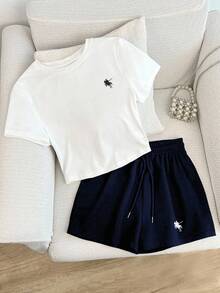 Resyla Bộ áo phông in họa tiết hiệp sĩ cỡ lớn và quần short cạp chun cho nữ, phù hợp cho mùa xuân và mùa hè, phù hợp cho các môn thể thao ngoài trời - Nhiều màu - Xem 1