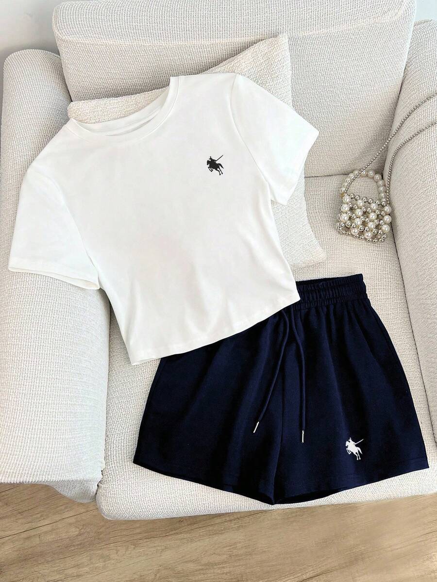 Resyla Bộ áo phông in họa tiết hiệp sĩ cỡ lớn và quần short cạp chun cho nữ, phù hợp cho mùa xuân và mùa hè, phù hợp cho các môn thể thao ngoài trời - Nhiều màu - Xem 1